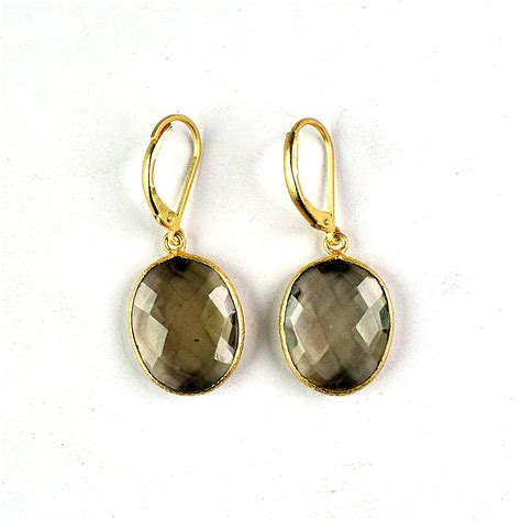 Smoky Quartz Hydro Gemstone Gold Plated Lever Back Earring Size 22x15