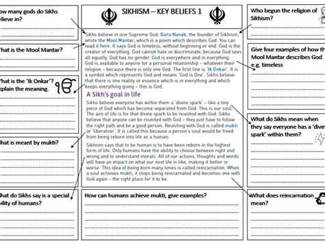 Sikhism Key Beliefs Guided Reading Work Sheet Teaching Resources