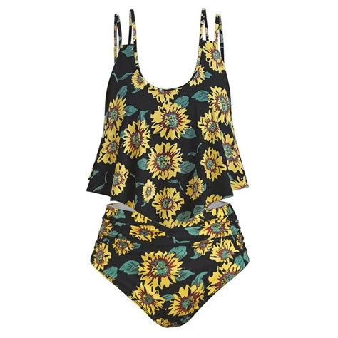 Ruffled With High Waisted Sunflower Print Bikini Set Summer Women