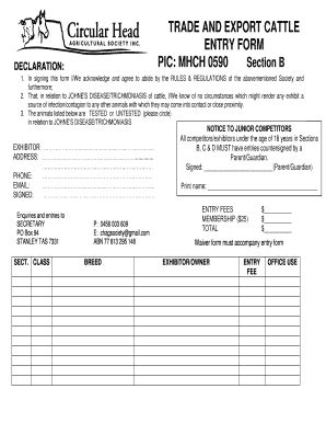 Fillable Online TRADE AND EXPORT CATTLE ENTRY FORM DECLARATION PIC MHCH