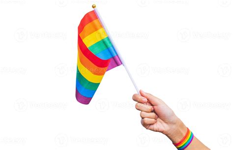 Hand With A Rainbow Wrist Strap Holding A Rainbow Flag On A White Background Gay Pride Campaign