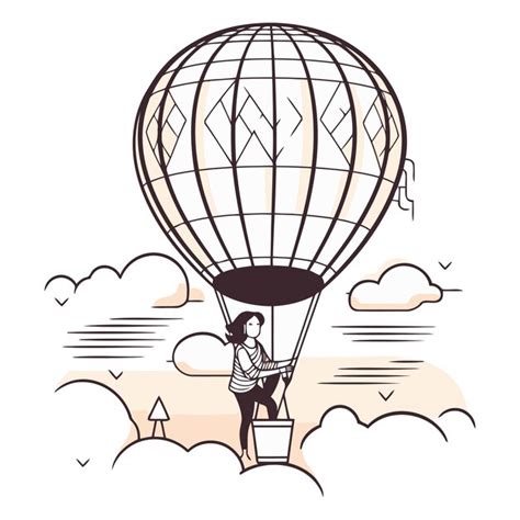 Premium Vector Woman Flying In Hot Air Balloon Over Clouds In Linear Style