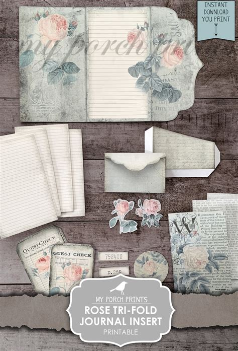 Junk Journal Kit Rose Tri Fold Journal Insert Ephemera Etsy