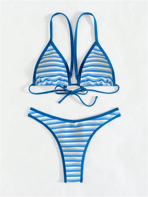 2 Peças Conjunto de Maiô Bikini Fio Dental Listras Tricolores de