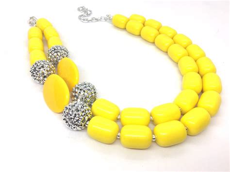 Big Bead Yellow Necklace Double Strand Statement Jewelry Etsy Beaded Necklace Yellow