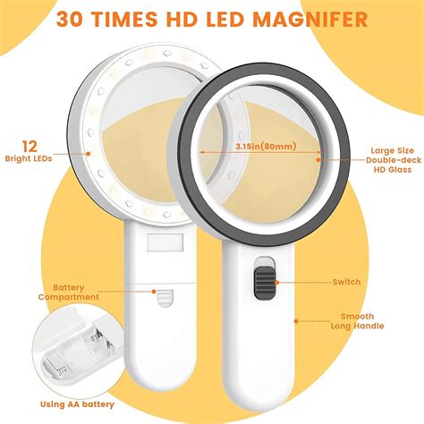 AIXPI 30X Handheld Magnifying Glass with 12 LED Light - Ideal for Macular Degeneration, Seniors ...