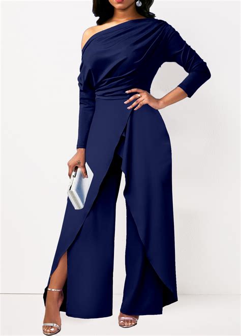 One Shoulder Asymmetry Navy Long Jumpsuit Rosewe Usd