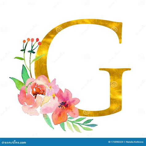 Golden Classical Form Ampersand Decorated With Watercolor Flowers And