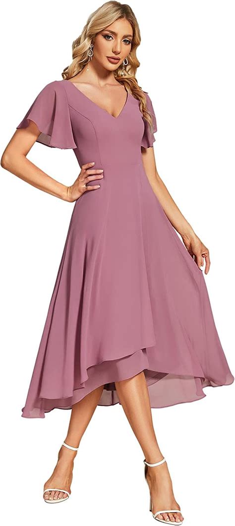 Ever Pretty Womens V Neck Ruffle Sleeves Irregular Chiffon A Line Midi