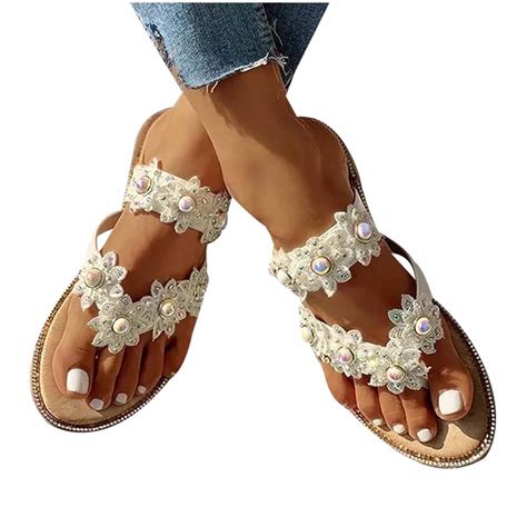 Women Rhinestone Slide Sandals Bohemian Pearl Crystal Flip Flop Open