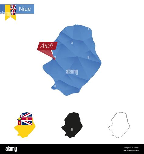 Niue Blue Low Poly Map With Capital Alofi Versions With Flag Black