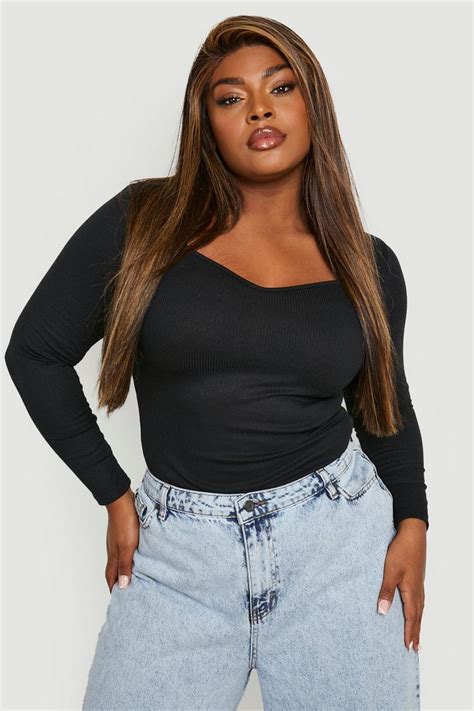 Black Plus Rib Sweetheart Bodysuit Boohoo Uk