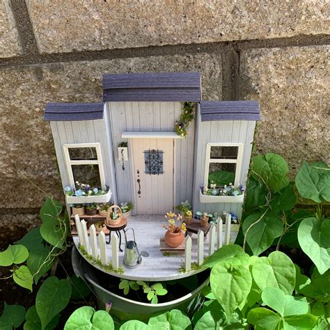 Miniature Garden Diorama Patio in Blue With Flowers, Clay Pot, Watering ...