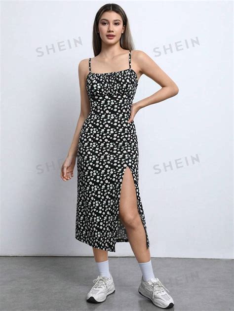 Shein Ezwear Ditsy Floral Print Split Thigh Cami Long Summer Dress