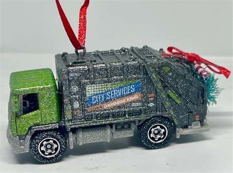 Green Garbage Truck Hot Wheels Matchbox Car Truck Christmas Ornament With Christmas Tree