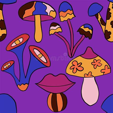 Seamless Hand Drawn Pattern With Hippie Groovy Mushrooms In Orange