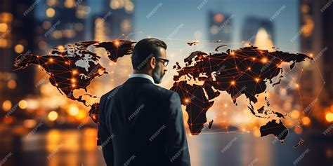 Premium Photo | Businessman analyzes projected maps graphs and connections emphasizing global ...