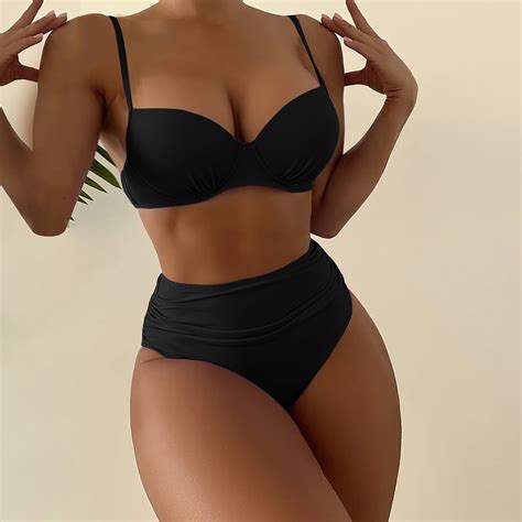 Lilgiuy Women S Solid Bikini Solid Color High Waist Charming Gathering Split Swimsuit Suit