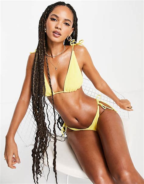 Asos Design Mix And Match Crinkle Tie Shoulder Triangle Bikini Top In Yellow Asos