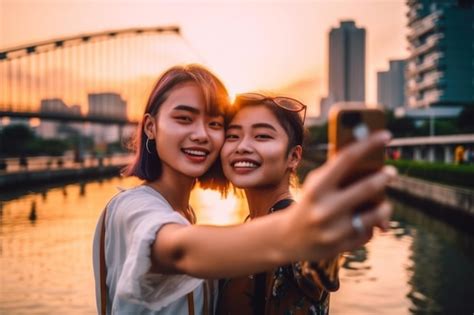 Premium AI Image Selfie Of Two Asian Lesbian Women Lgbtq Acceptance Generative Ai