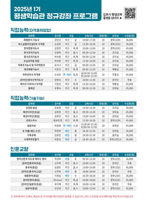 김포시 2025년 평생학습관 정규강좌 1기 모집