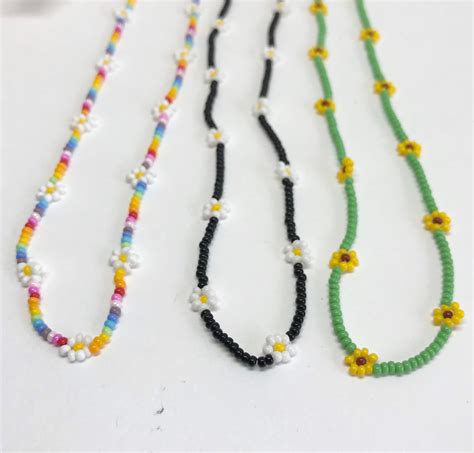 Daisy Chain Necklace Seed Bead Rainbow Flower Necklace Jewelry Made