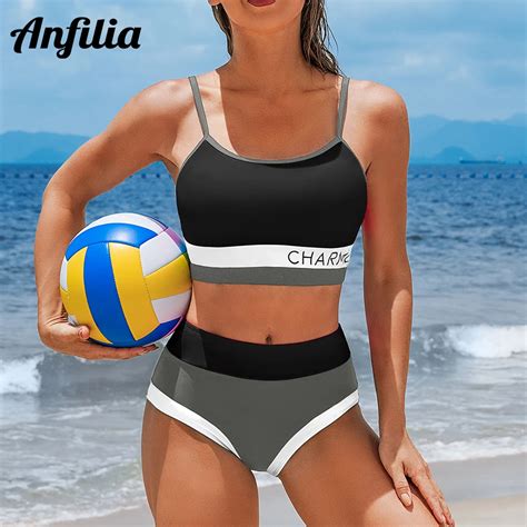 Anfilia Women Sporty Casual Crop Bikini Set Logo Print Two Piece Set