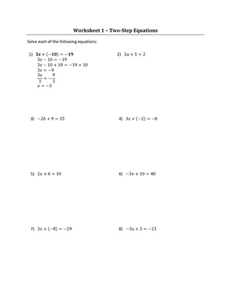 Worksheets Week 6 2 Solving Two Step Equations Worksheet 1 Two Step Equations Solve Each