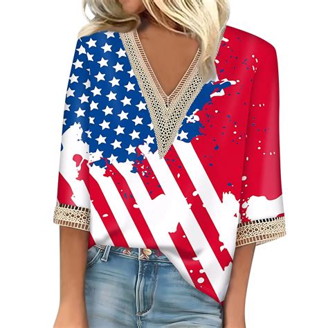 Knosfe American Flag Shirts For Women Casual 34 Sleeve Independence Day V Neck Tops Summer