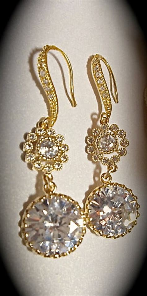 Gold earrings Cubic Zirconia's long Sparkling 14k