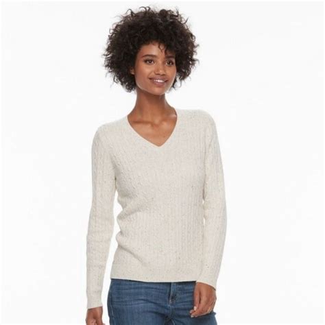 Croft And Barrow Classic Cable Knit V Neck Long Sleeve Sweater Beige