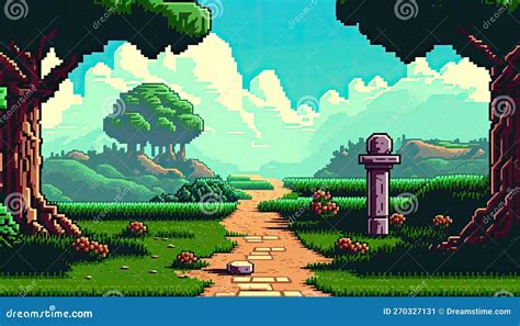 Forest And Road Game Background Pixel Art Stock Illustration