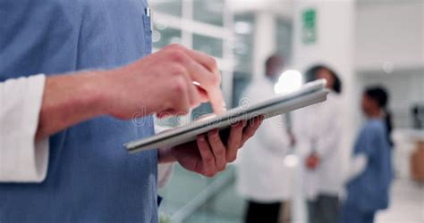 Hands Nurse And Man On Tablet For Healthcare Report Results Or Information In Hospital