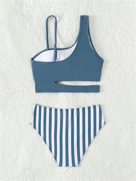 Ensemble de bikini asymétrique à col découpé rayé pour préadolescentes plage d été Mode en