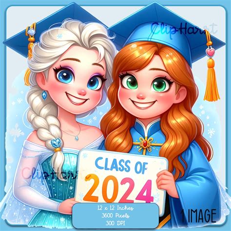 Anna And Elsa Graduation 2024 Clipart Image With Watercolor Splash