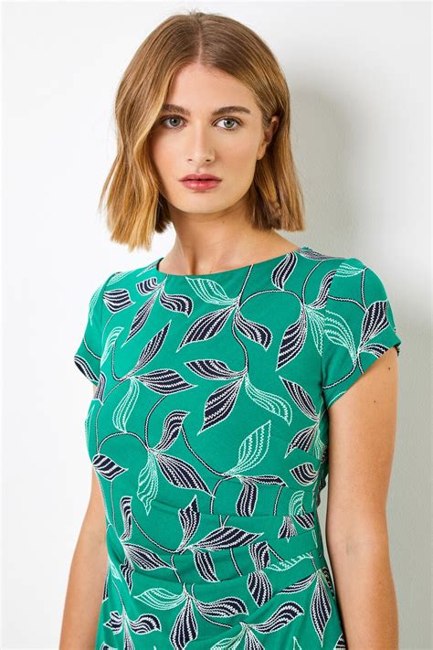 Green Leaf Print Stretch Ruched Dress Roman Originals UK