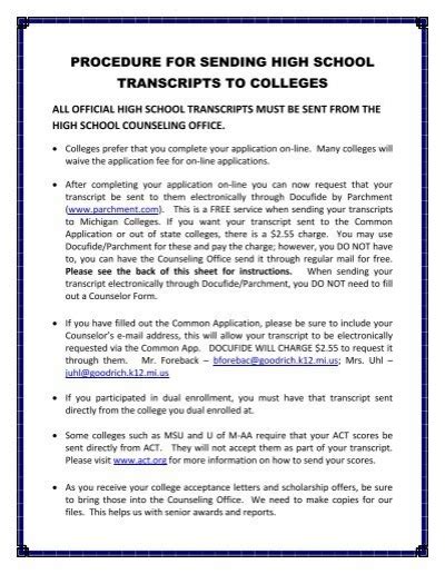 Procedure For Sending High School Transcripts To Colleges