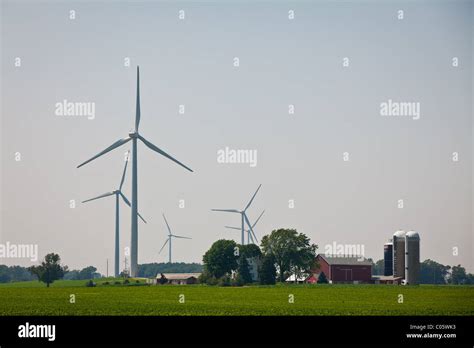 Wind Turbine Towers Over A Farm In Fond Du Lac County Wisconsin Stock