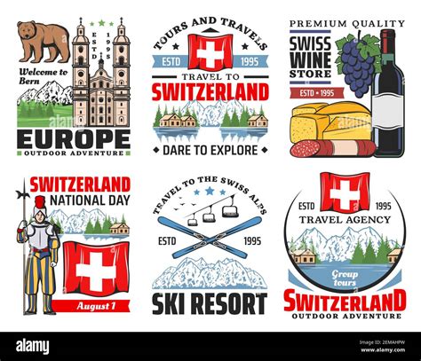 Switzerland Vector Icons Of Swiss Travel And Tourism Alps Mountains