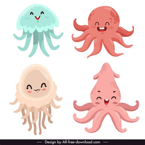 Sea creatures icons cute cartoon characters sketch Vectors images ...