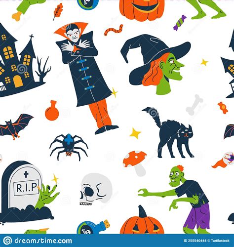 Halloween Pattern Seamless Print With Cute Scary Traditional Symbols