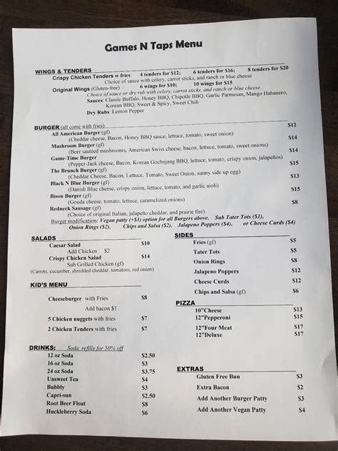 Menu at Games N Taps restaurant, Kalispell