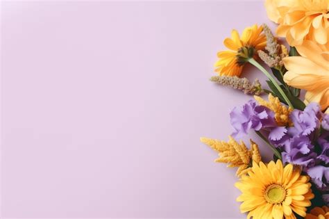 Foto grupo aislado de flores de colores en fondo púrpura con copia