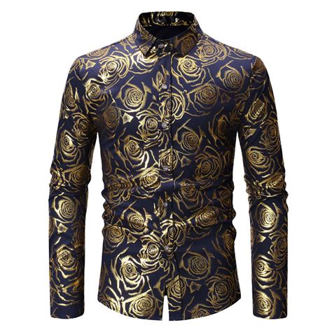 Atienubee Mens Shirts Bronzing Shirt Casual Printed Long Sleeve Lapel