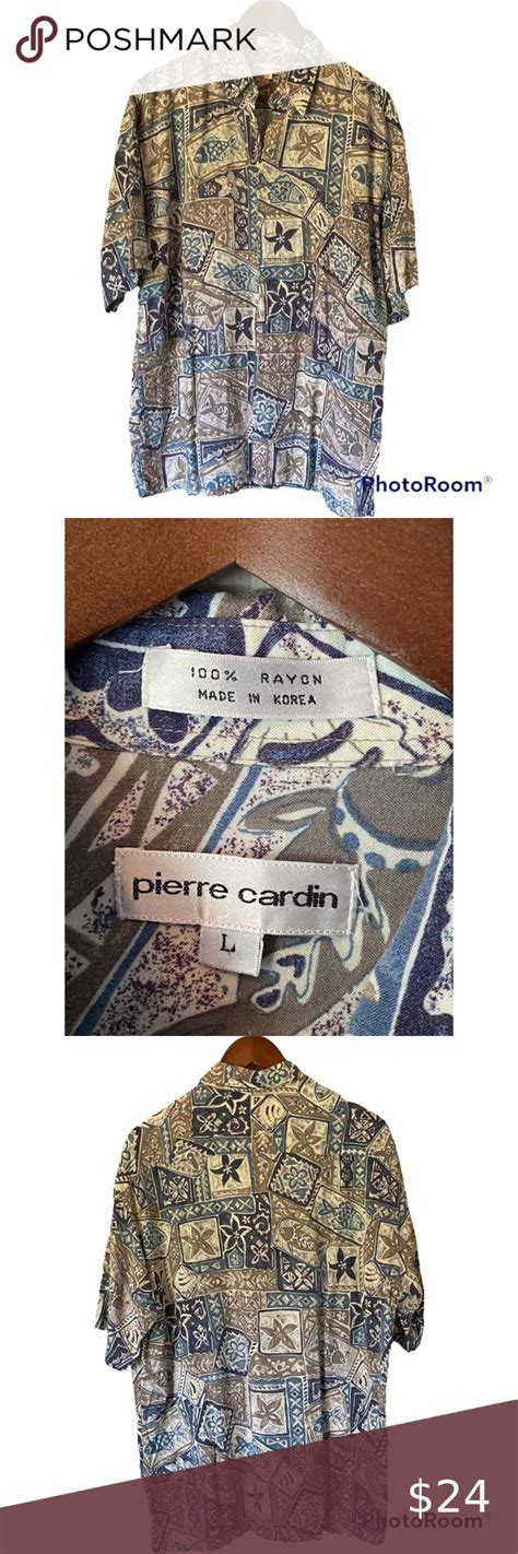 Pierre Cardin Hawaiian Shirt Rayon Men S Size L Tan Blue Palm Trees