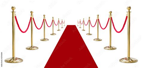 Golden Pole Barricade With Red Carpet Isolated On White Background