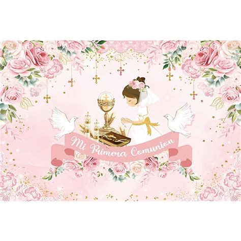 Mi Primera Comuni N Photography Backdrop Girl Baptism Gold Cross Dove