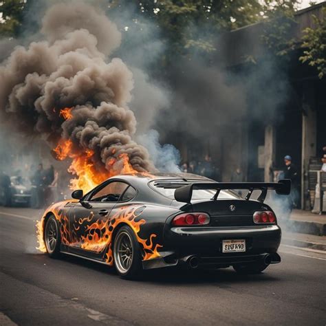 A Supra Mk4 With Huge Flames Background Is Smokey And Dark Ai Generated Artwork