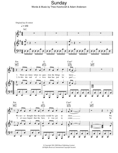 Sunday - Piano, Vocal, Guitar - Digital Sheet Music | Sheet Music Plus