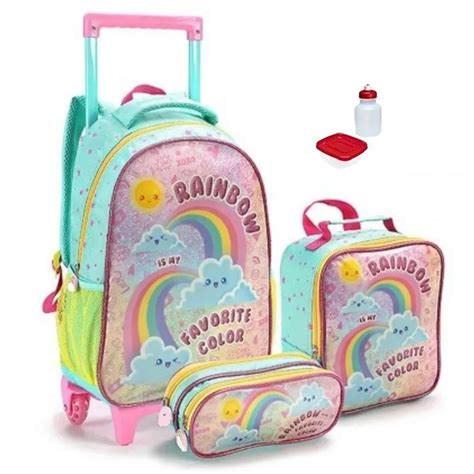 Kit Mochila Arco Iris Infantil Escolar 2 Em 1 Rodinhas Tam G